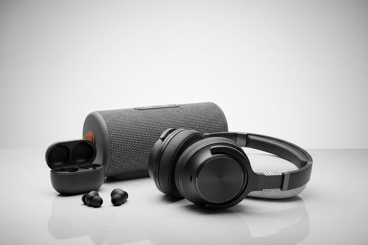 Audio equipment with headphones, earbuds, and speakers